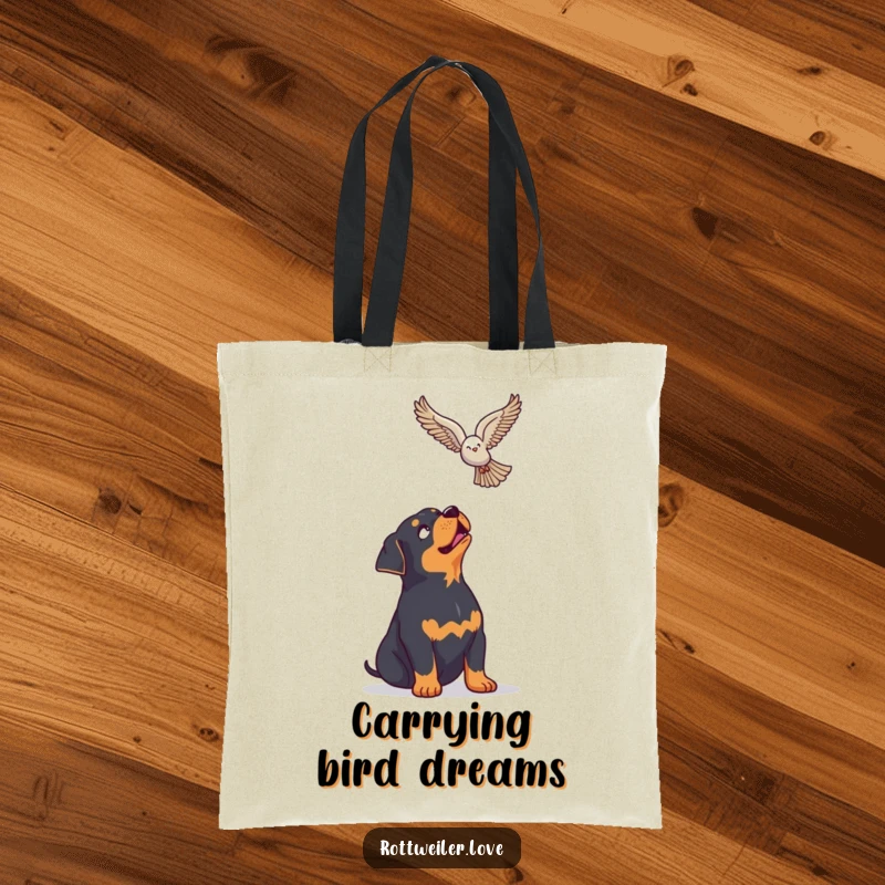 Funny Rottweiler Tote Bag showcasing a dog looking up with enthusiasm at a soaring bird, a reminder of nature's beauty.