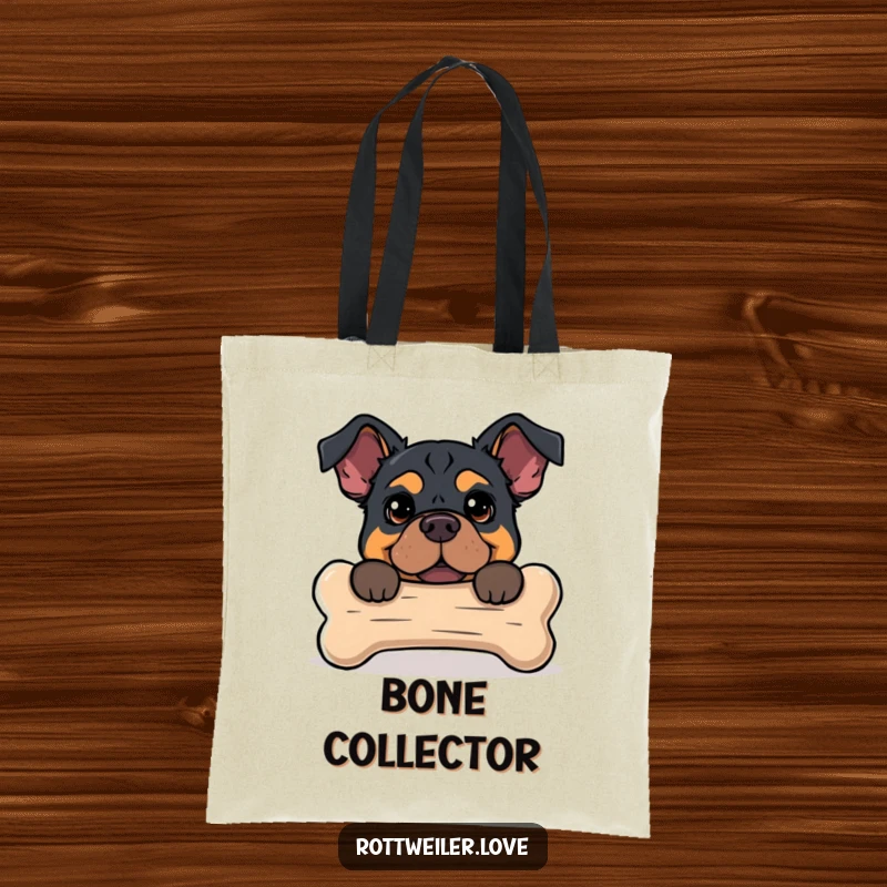 Funny tote bag with a Rottweiler peeking from behind an oversized dog bone, ideal for carrying items with canine humor.