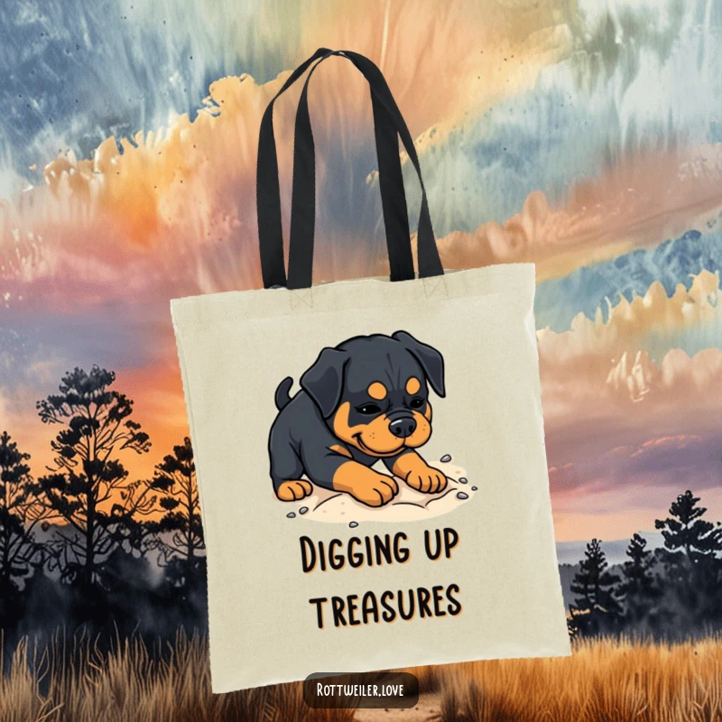 Funny Rottweiler tote bag featuring a dog playfully digging in soft sand, ready for beach adventures and fun.