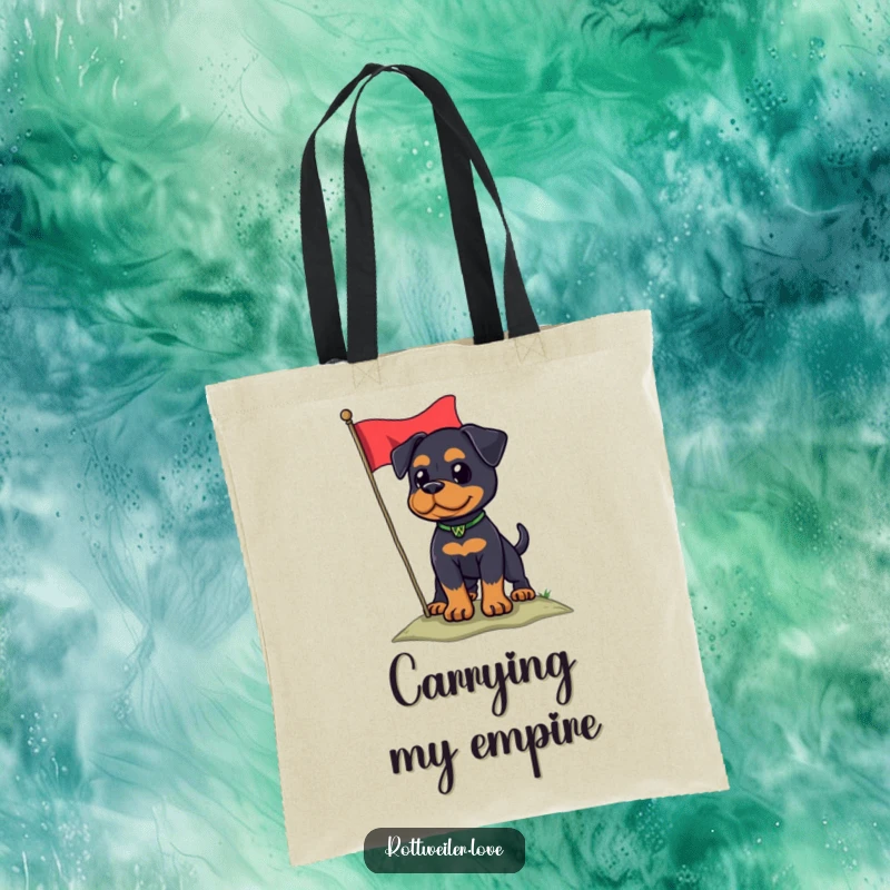 Funny Rottweiler dog with a flag on a hill, presenting patriotic humor on a sturdy tote bag.