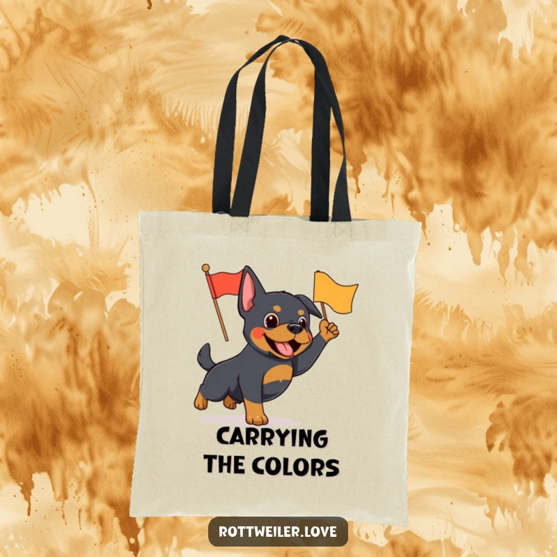 Funny Rottweiler tote bag featuring an excited dog energetically waving a small, colorful flag, a symbol of fun.