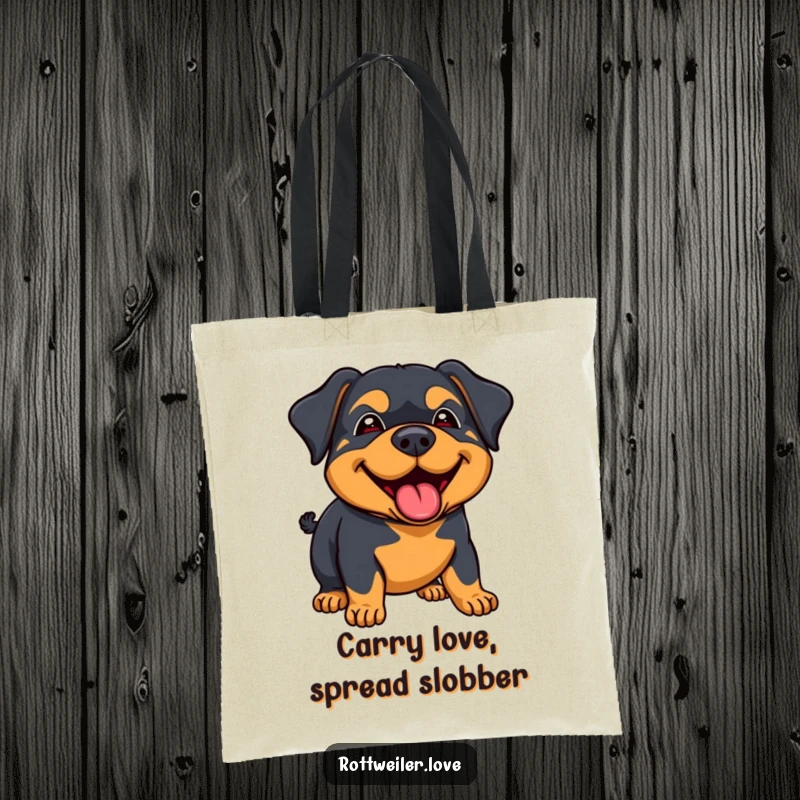 Funny rottweiler tote bag showing a dog giving a big, happy lick with a joyous demeanor, great for carrying items with love.