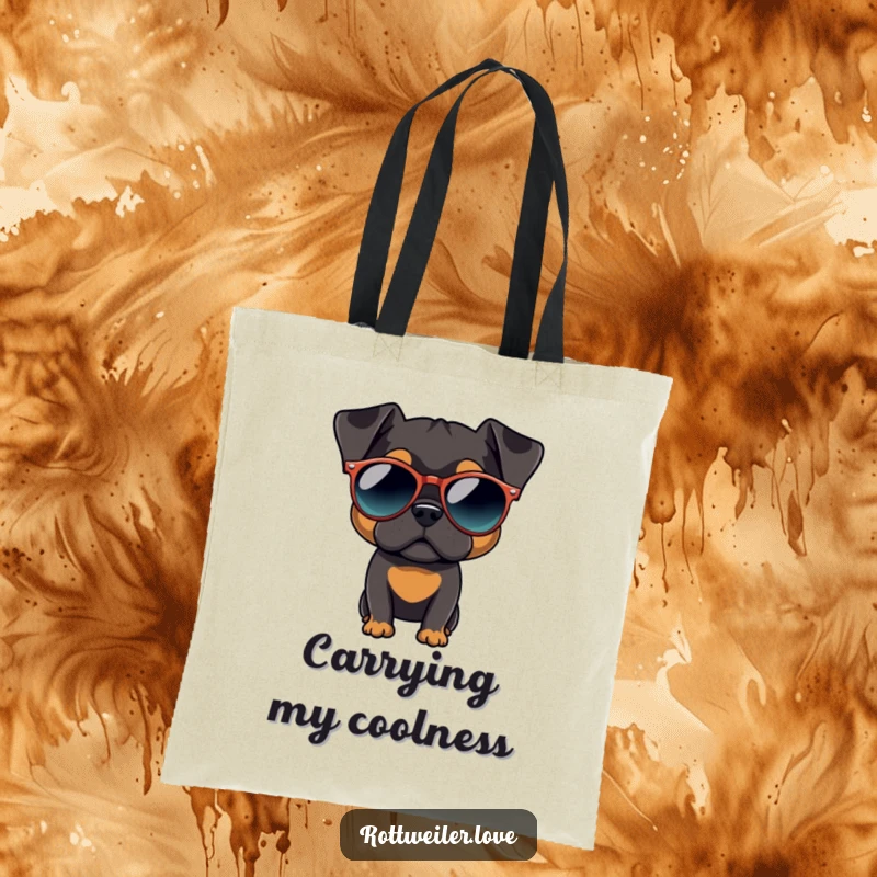 Funny Rottweiler tote bag with a dog sporting oversized, round sunglasses, exuding a fashionable and cool aura.