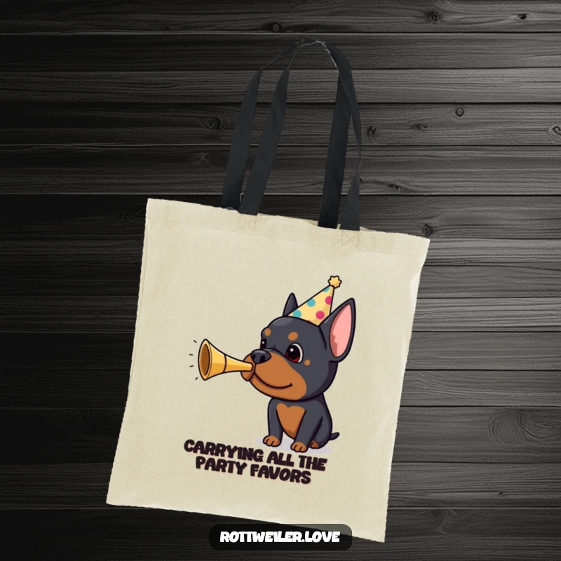 Funny Rottweiler tote bag featuring a dog in a party hat blowing a tiny horn, perfect for carrying essentials with a dose of celebration.