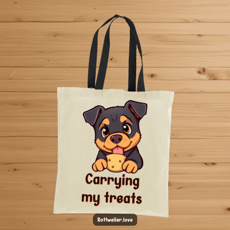 Funny rottweiler tote bag showing a curious dog with bright eyes looking at a presented treat, ideal for humorous and eager carrying.