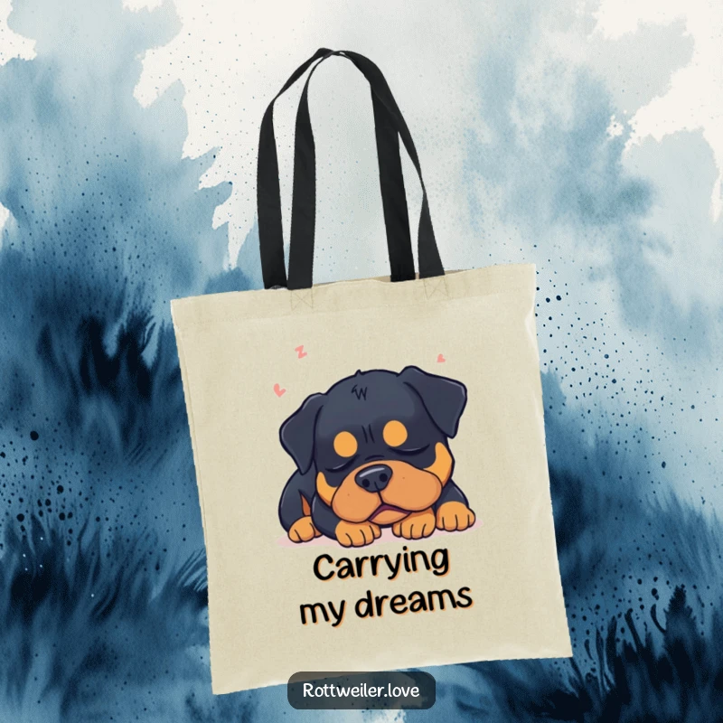 Funny sleepy Rottweiler dog dreaming, featuring peaceful slumber humor on this tote bag.