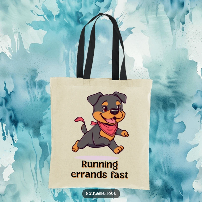 Funny Rottweiler tote bag with a stylish Rottweiler wearing a small bandana, captured in an energetic pose. Durable canvas.